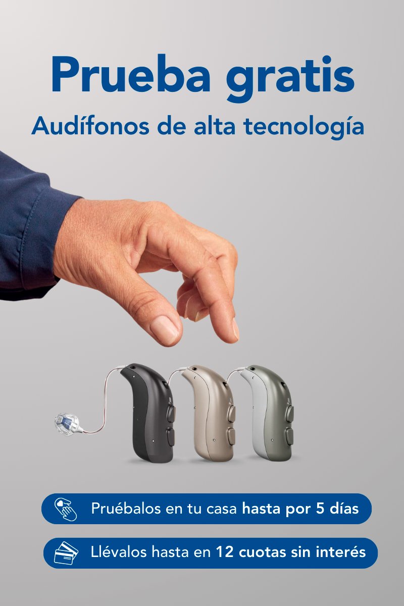 Prueba gratis de audífonos de alta tecnología, disponibles en tres colores. Prueba en casa por 5 días y hasta 12 cuotas sin interés.