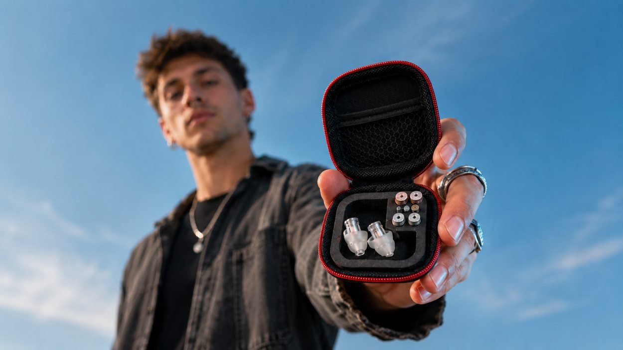 Estuche abierto con protectores auditivos Earprotect en una fotografía lifestyle